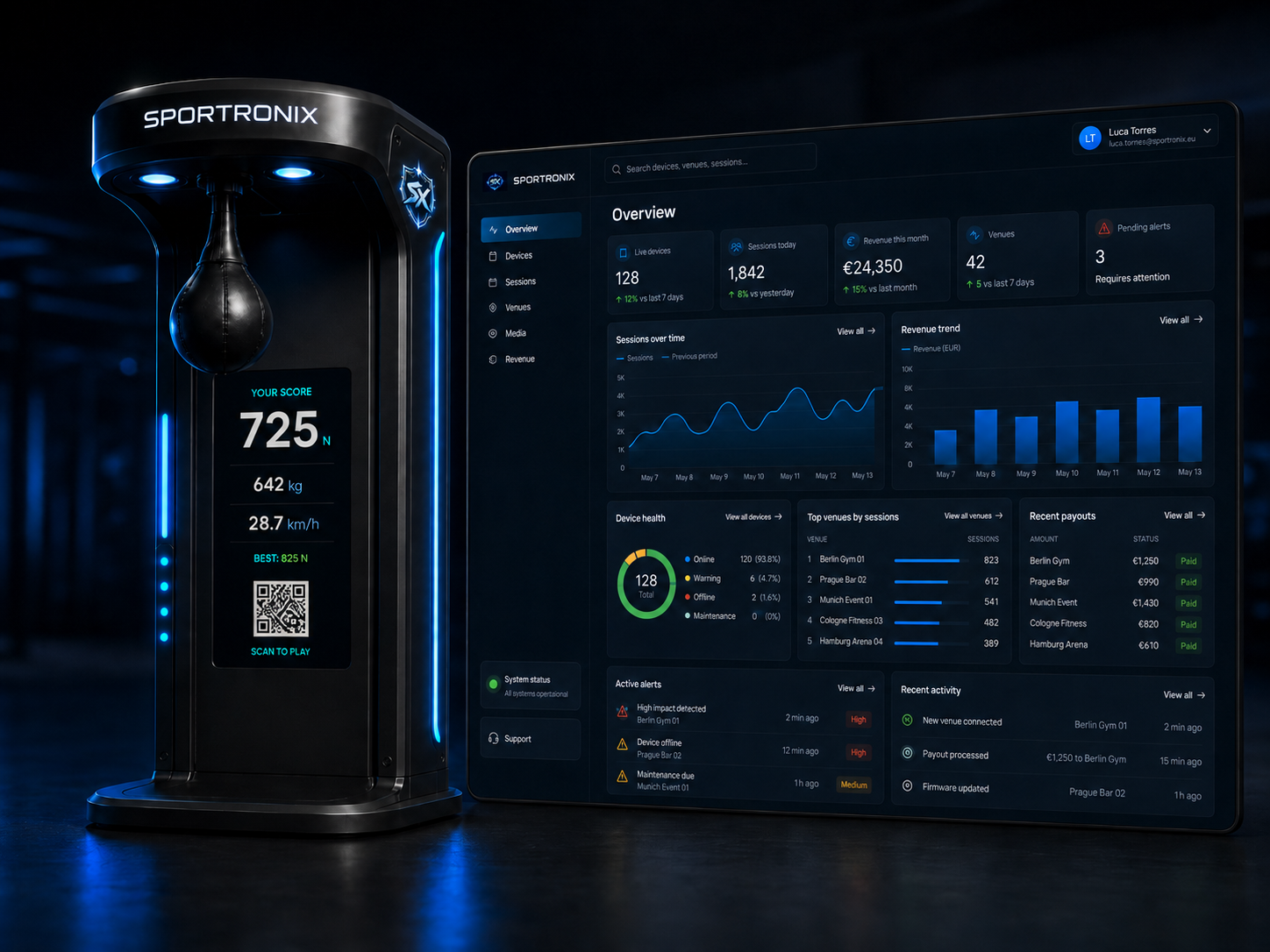 Sportronix Schlagmaschine neben dem Operator-Dashboard